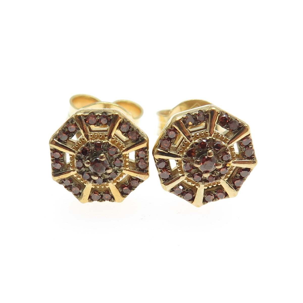 925 Sterling Silver Gold Plated Real Round-Cut Red Diamond Stud Earrings