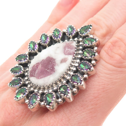 925 Sterling Vintage Real Pink Tourmaline & Mystic Topaz Adjustable Ring Size 8