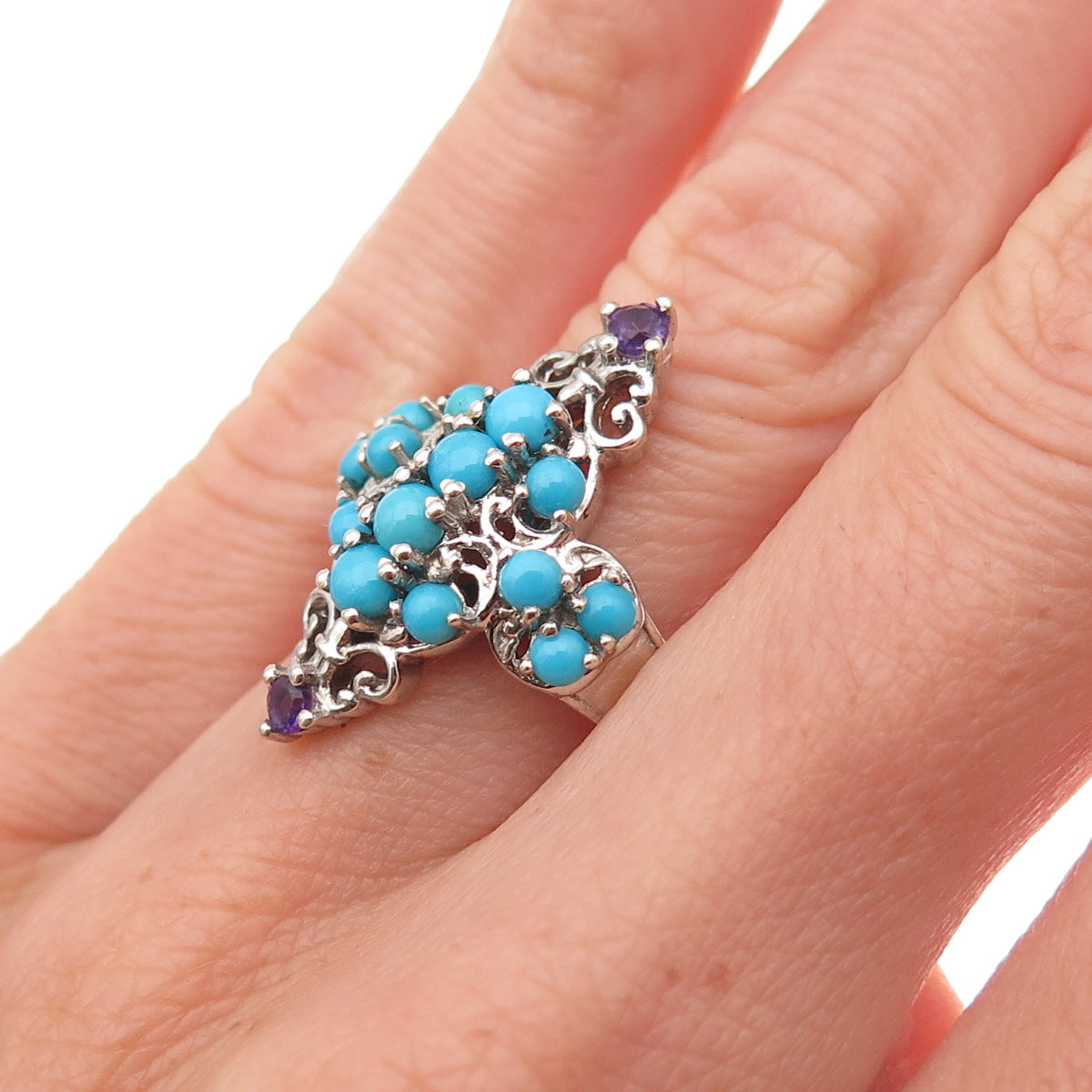 Chuck Clemency 925 Sterling Silver Real Turquoise Amethyst Cross Ring Size 5.25