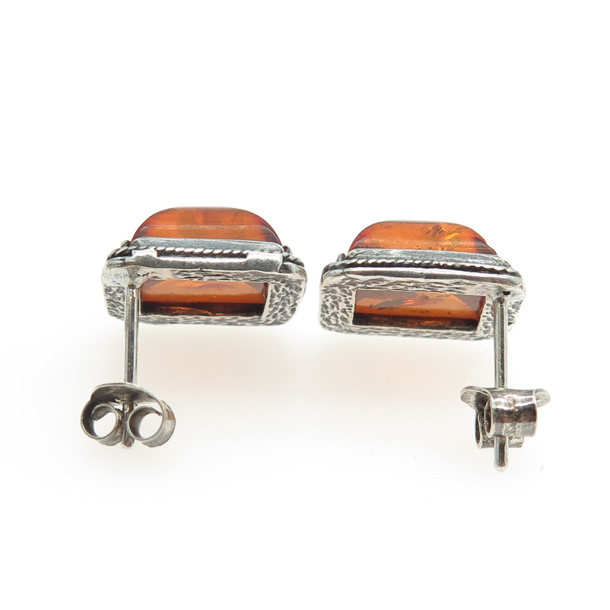 925 Sterling Silver Vintage Real Amber Roped Square Earrings