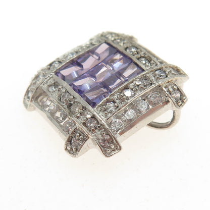 925 Sterling Silver Real Princess-Cut Amethyst & Round C Z Pendant