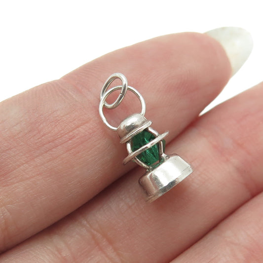 925 Sterling Silver Antique Art Deco Glass Lantern Minimalist Charm Pendant