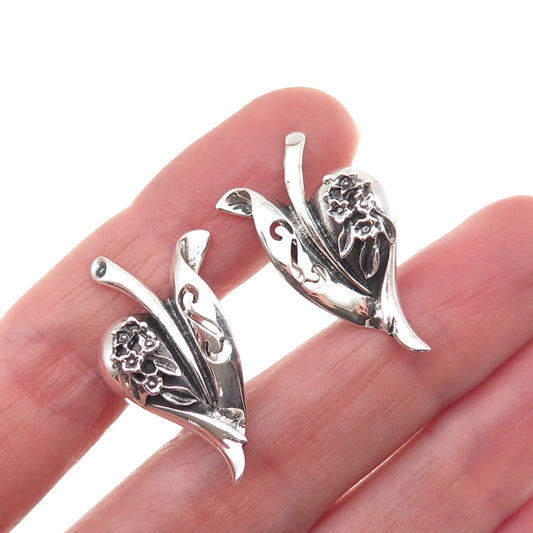 925 Sterling Silver Vintage Modernist Floral Oxidized Screw Back Earrings