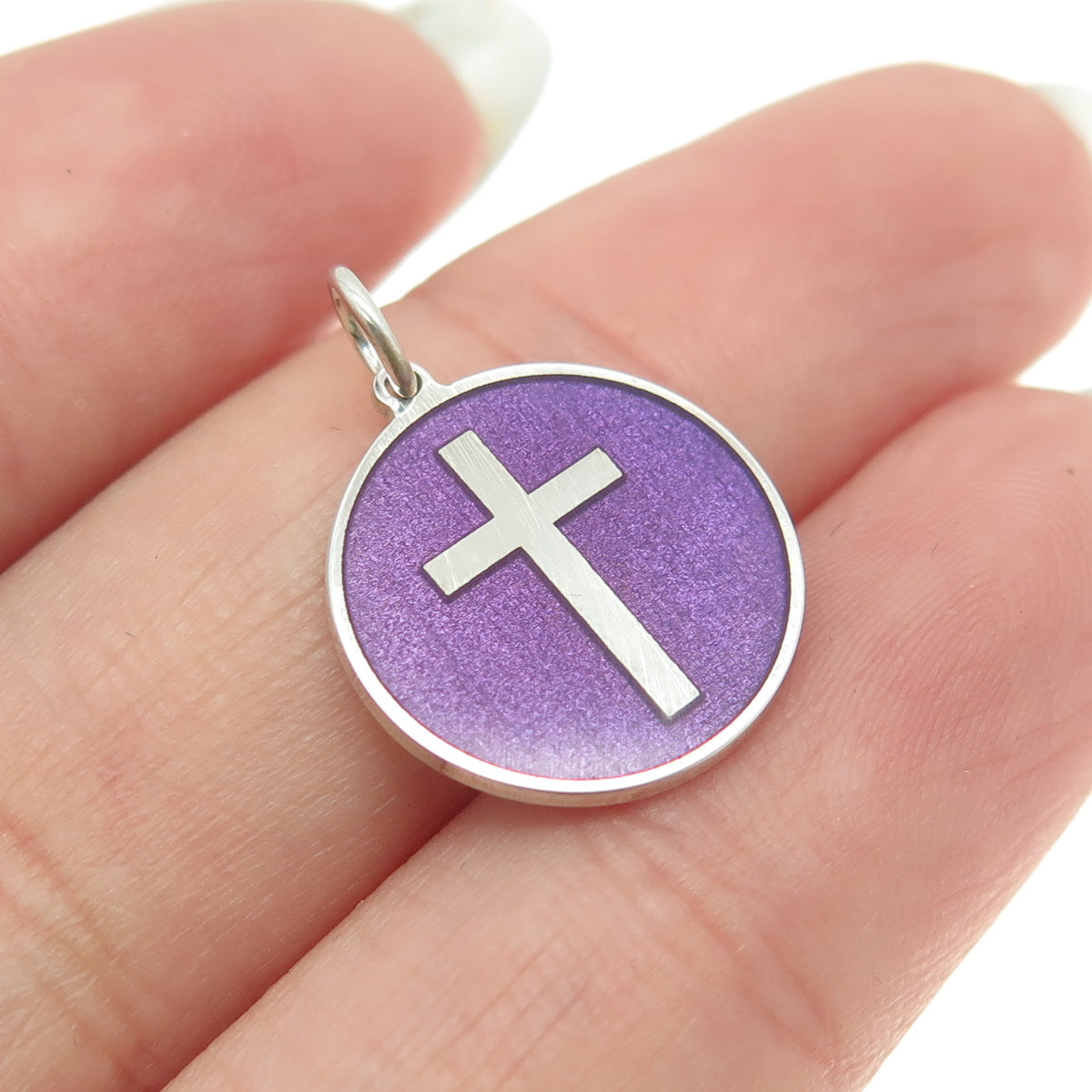 925 Sterling Silver Purple Enamel Cross Round Tag Minimalist Charm Pendant