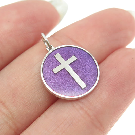 925 Sterling Silver Purple Enamel Cross Round Tag Minimalist Charm Pendant