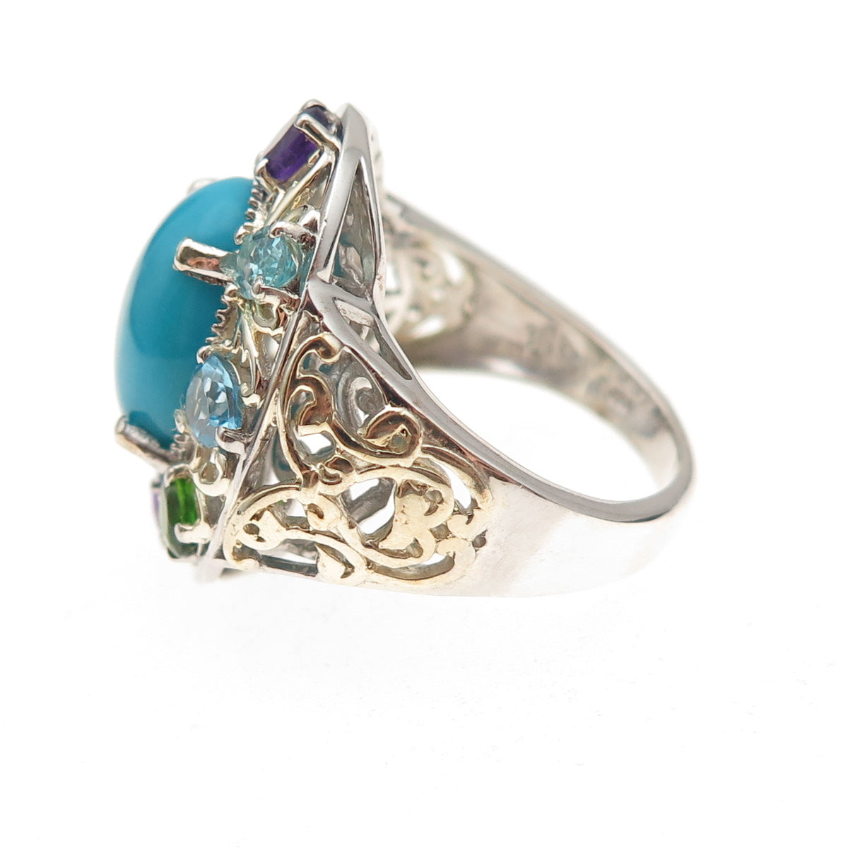 Chuck Clemency 925 Sterling Silver 2-Tone Real Multi-Color Gem Ring Size 8