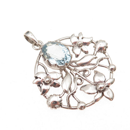 925 Sterling Silver Vintage Real Blue Topaz Floral Oxidized Charm Pendant