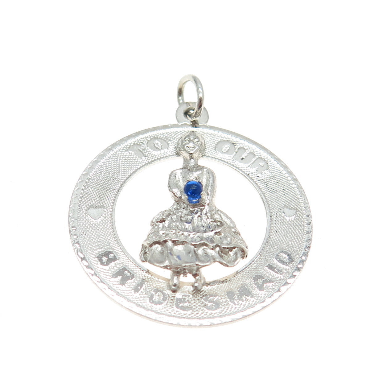 925 Sterling Silver Vintage M&M Blue Glass "To Our Bridesmaid" Round Pendant