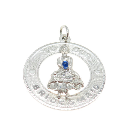 925 Sterling Silver Vintage M&M Blue Glass "To Our Bridesmaid" Round Pendant