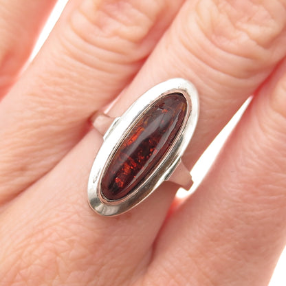 830 Silver Vintage Real Amber Modernist Oxidized Ring Size 7