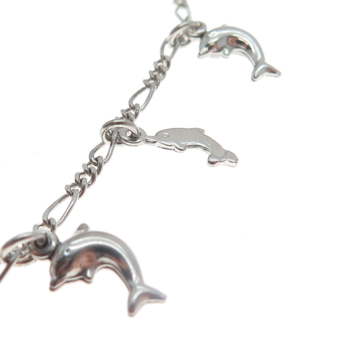 925 Sterling Silver Italy Dolphin Charms Figaro Link Bracelet 7"