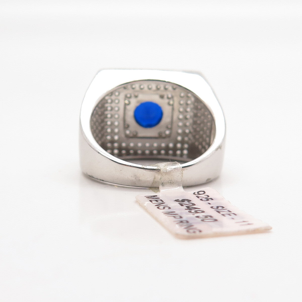 925 Sterling Silver White & Blue C Z Wide Men's Ring Size 11