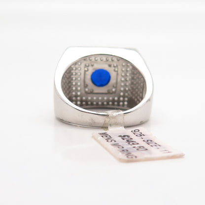 925 Sterling Silver White & Blue C Z Wide Men's Ring Size 11