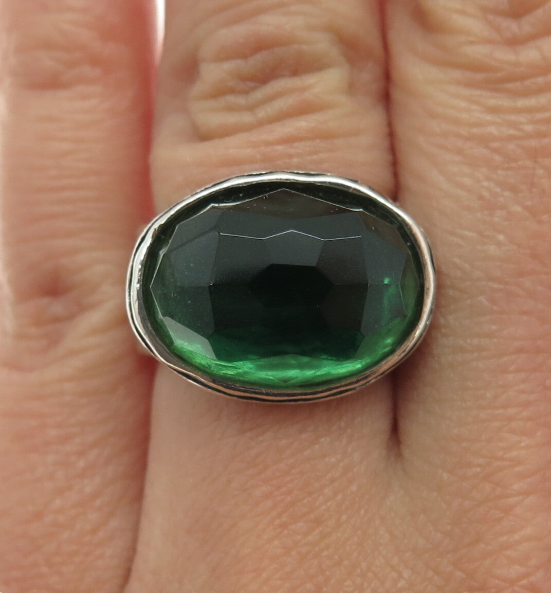 925 Sterling Silver Vintage Checkered Green Glass Dome Ring Size 6.25
