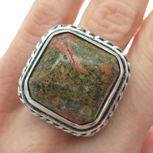 925 Sterling Silver Vintage Real Cushion-Cut Unakite Twisted Bezel Ring Size 8