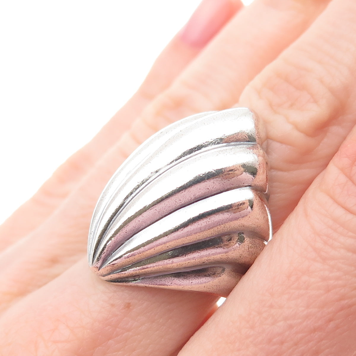 925 Sterling Silver Vintage Mexico Modernist Seashell Oxidized Ring Size 7.5