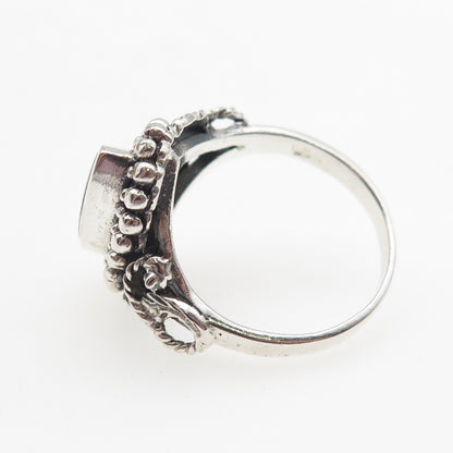 925 Sterling Silver Vintage Real Black Onyx Feather Beaded Oxidized Ring Size 7