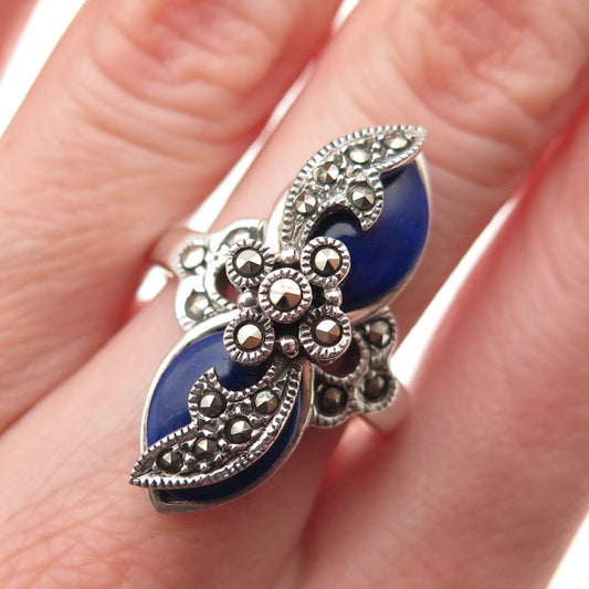 925 Sterling Silver Vintage Real Lapis & Marcasite Floral Ring Size 8
