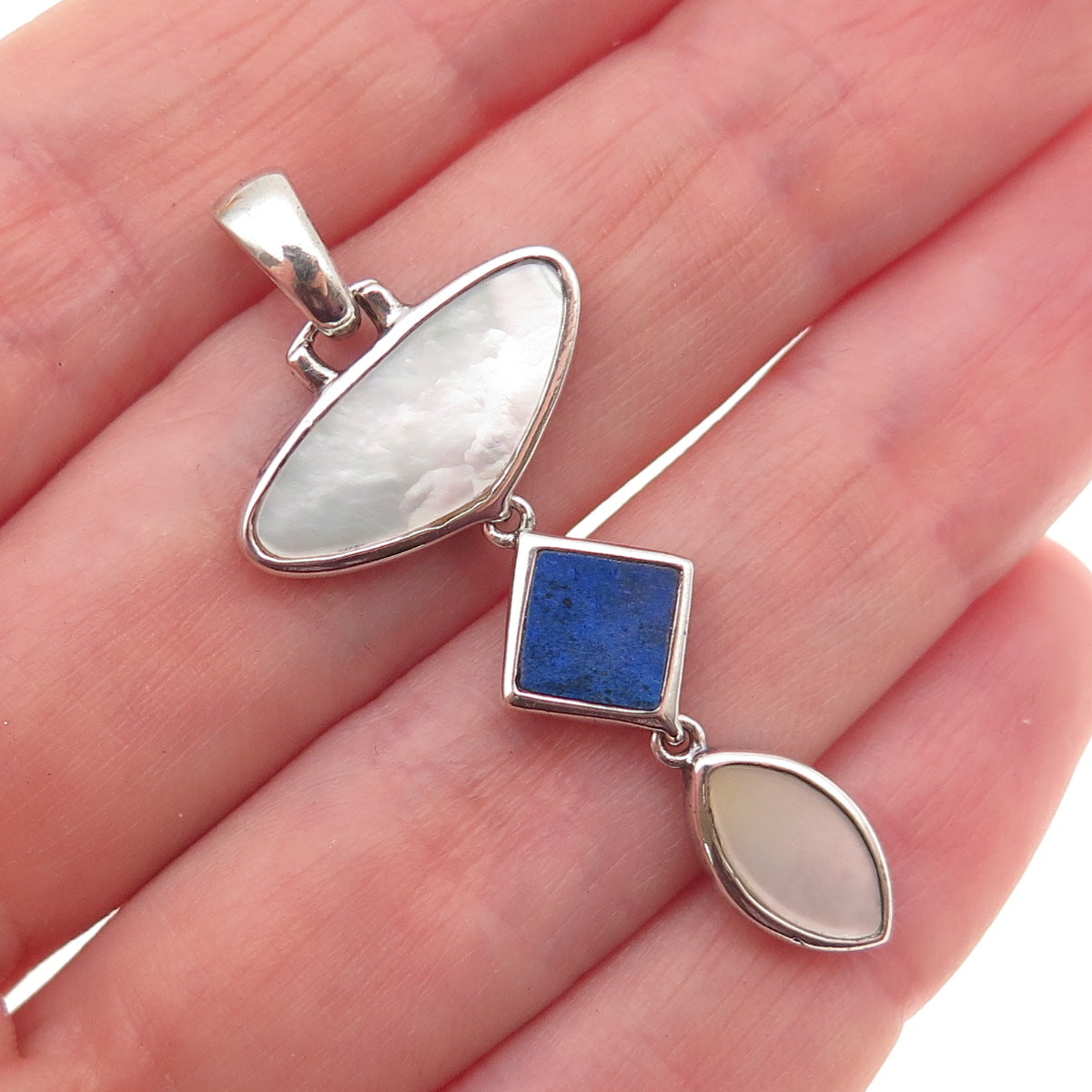 925 Sterling Silver Vintage Real Lapis & MOP Modernist Charm Pendant