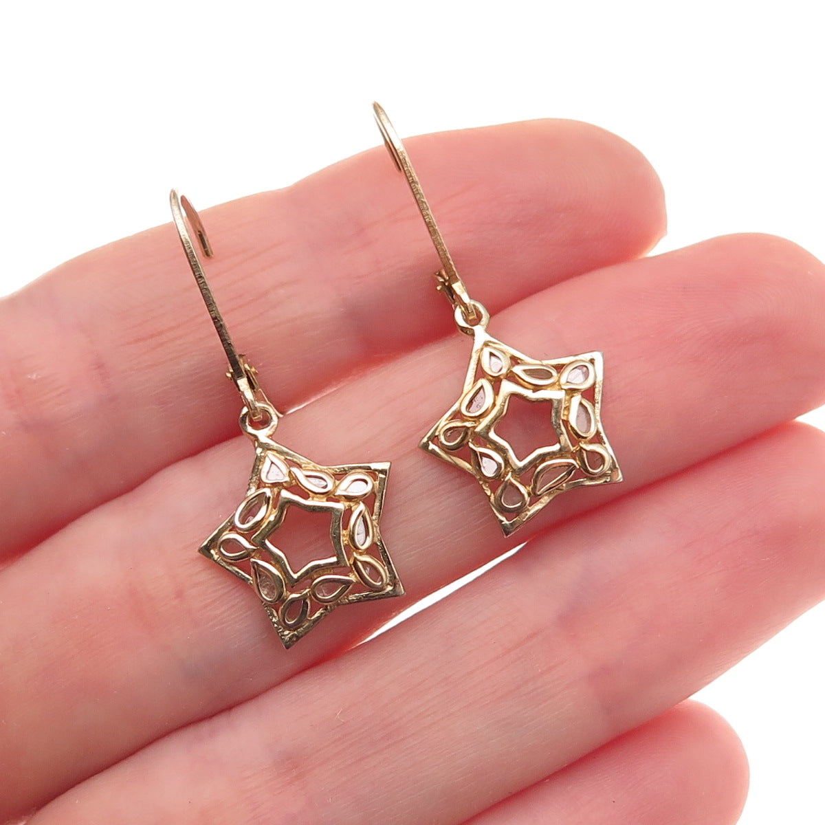 D'Joy 925 Sterling Silver Gold Plated Real Rose-Cut Diamond Star Dangle Earrings