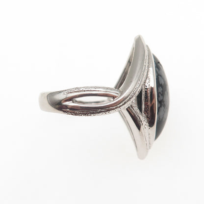 925 Sterling Silver Vintage Real Snowflake Obsidian Modernist Ring Size 9
