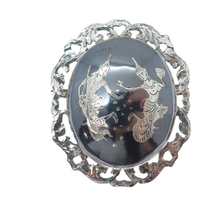 925 Sterling Silver Antique Siam Niello Hindu Goddess Pin Brooch