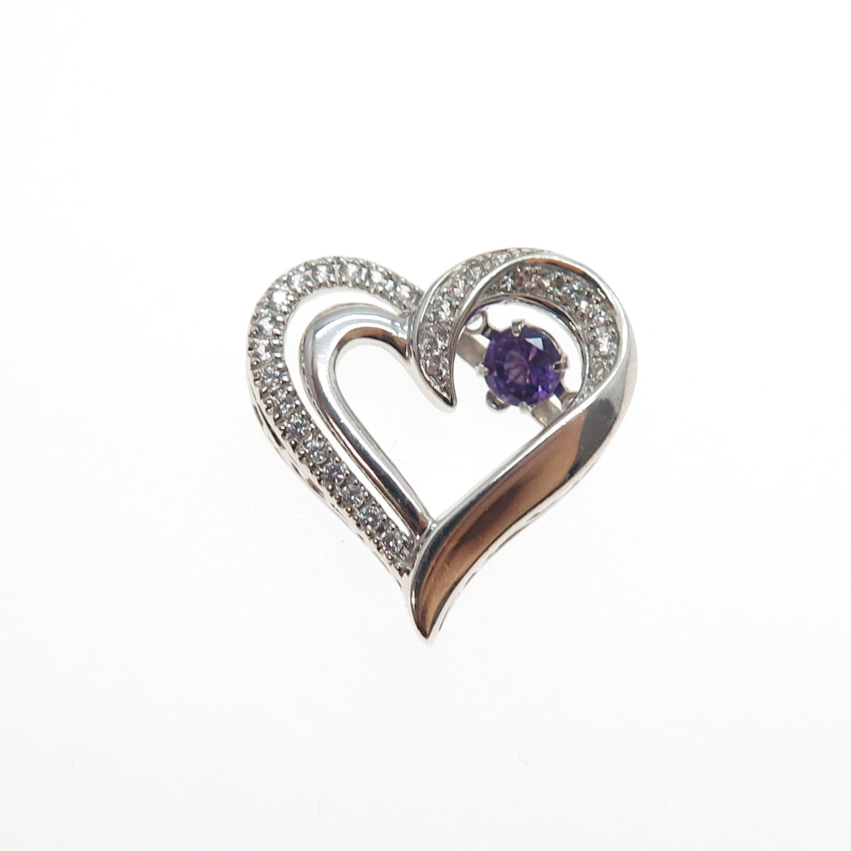 925 Sterling Silver Real Round-Cut Amethyst White Topaz Heart Mini Slide Pendant