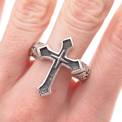 Clocks & Colours 925 Sterling Silver Vintage Cross Oxidized Ring Size 11.25
