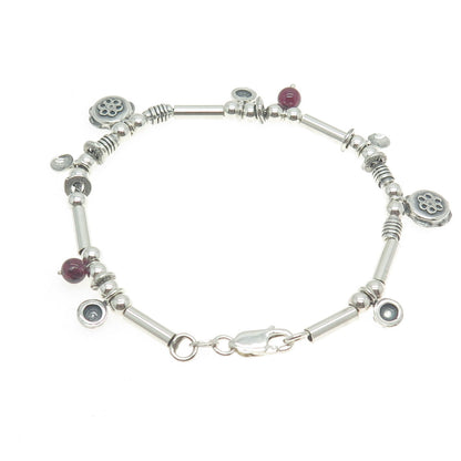 925 Sterling Silver Vintage Real Tourmaline Floral Multi-Charm Bar Bracelet 7"