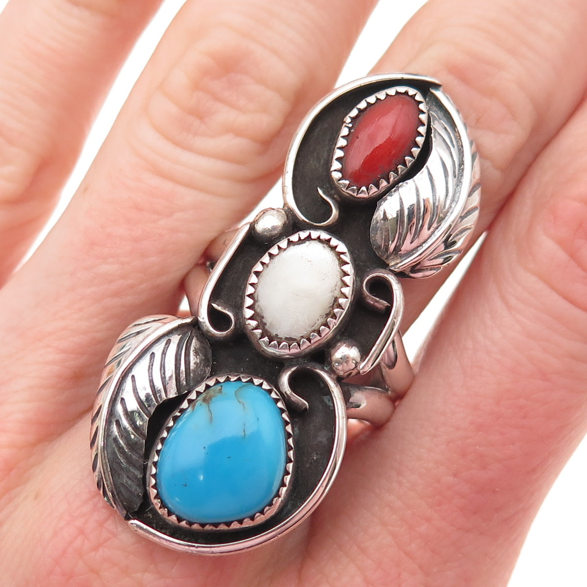 Wilbur Anderson Navajo Old Pawn 925 Sterling Turquoise Coral MOP Ring Size 10.75