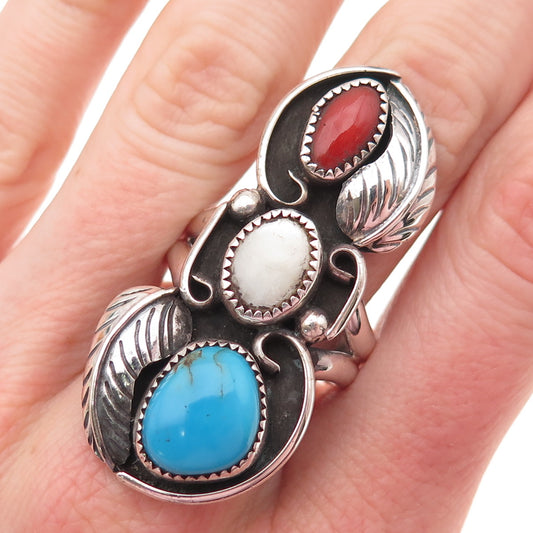 Wilbur Anderson Navajo Old Pawn 925 Sterling Turquoise Coral MOP Ring Size 10.75