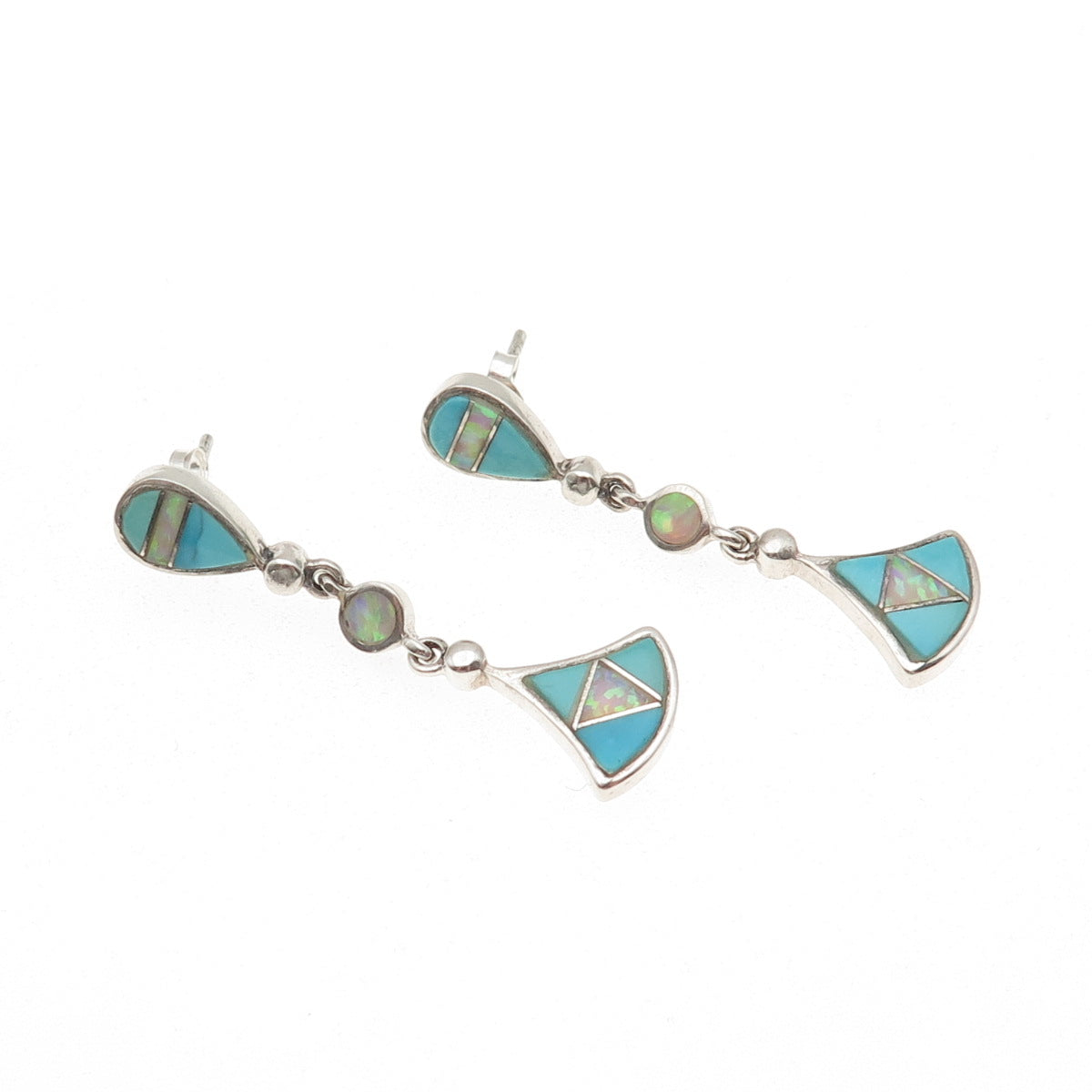 Old Pawn 925 Sterling Silver Vintage Turquoise & Opal Tribal Dangle Earrings