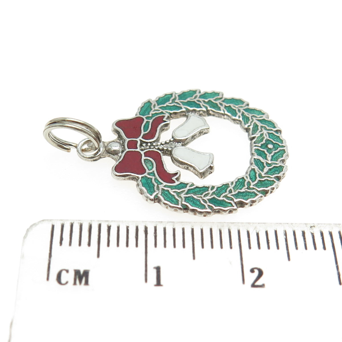 925 Sterling Silver Antique Art Deco Colorful Enamel Christmas Wreath Pendant