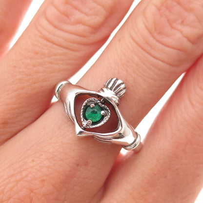 Nevada Sterling 10K Gold Vintage Chalcedony Claddagh Reversible Ring Size 8.75