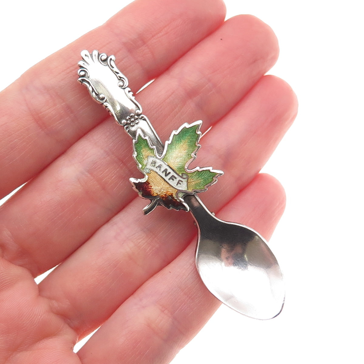 Breadner Co. 925 Sterling Antique Art Deco Enamel Banff Maple Leaf Spoon Brooch
