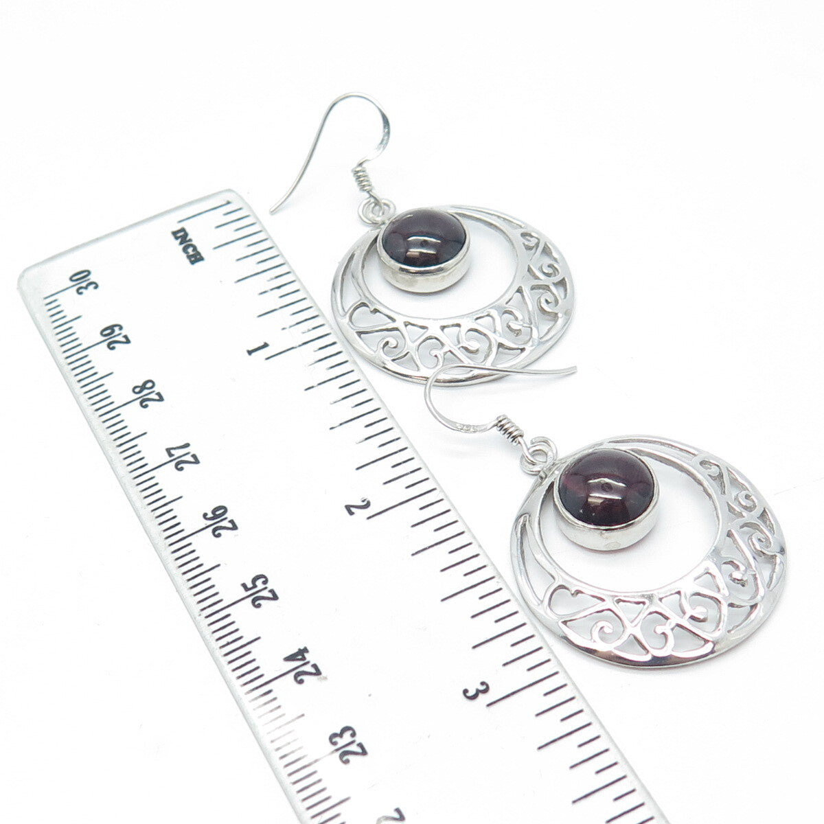 925 Sterling Silver Vintage Real Tourmaline Gemstone Ornate Hook Earrings