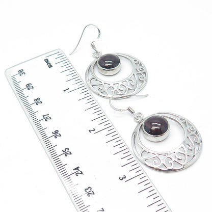 925 Sterling Silver Vintage Real Tourmaline Gemstone Ornate Hook Earrings