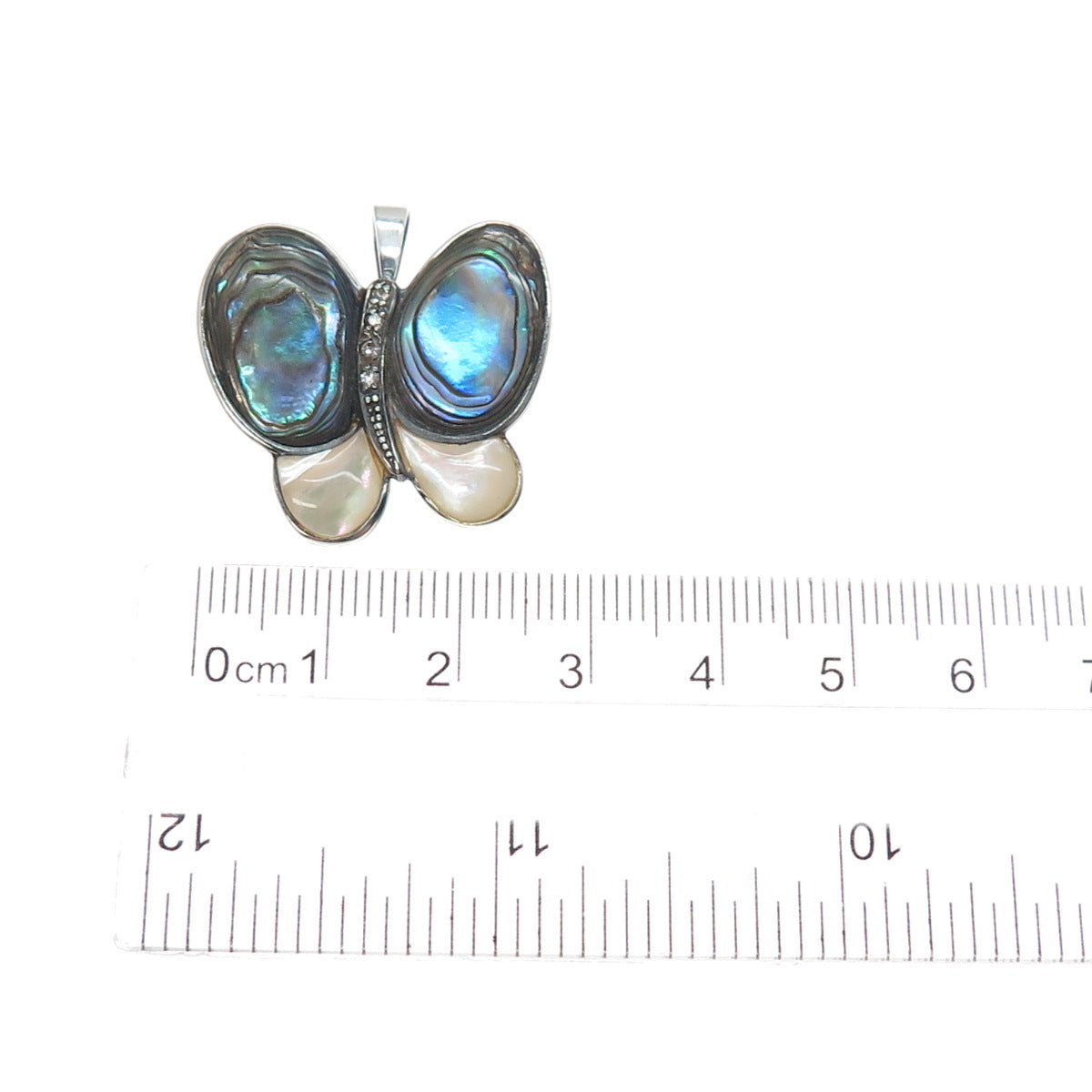 925 Sterling Silver Vintage Real Abalone Shell MOP C Z Butterfly Brooch Pendant