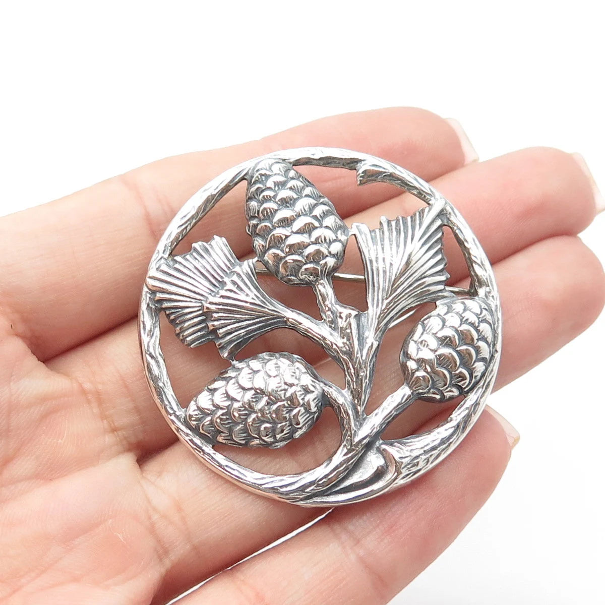 925 Sterling Silver Vintage Thistle Floral For Good Luck Pin Brooch