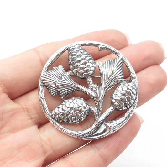 925 Sterling Silver Vintage Thistle Floral For Good Luck Pin Brooch