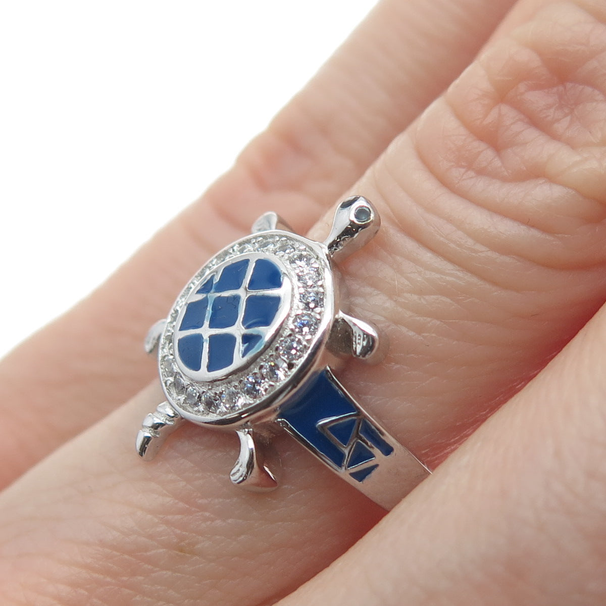 PRIZM 925 Sterling Silver Round-Cut Shaped C Z & Enamel Turtle Ring Size 6.5