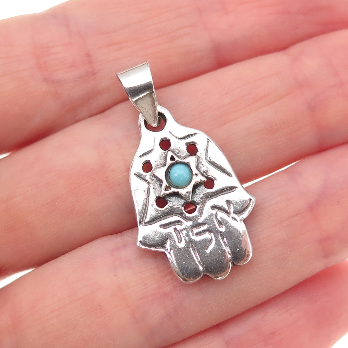 Alon Sterling Silver Vintage Real Turquoise Star of David Hamsa Amulet Pendant