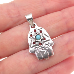 Alon Sterling Silver Vintage Real Turquoise Star of David Hamsa Amulet Pendant