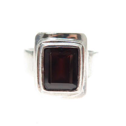 SAJEN 925 Sterling Silver Vintage Real Emerald-Cut Red Garnet Ring Size 8.25