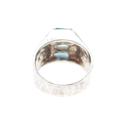 925 Sterling Silver Vintage Emerald-Cut Blue & White C Z Oxidized Ring Size 6
