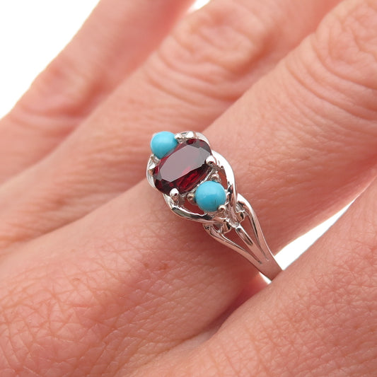 Chuck Clemency 925 Sterling Silver Real Turquoise & Red Garnet Ring Size 8.25