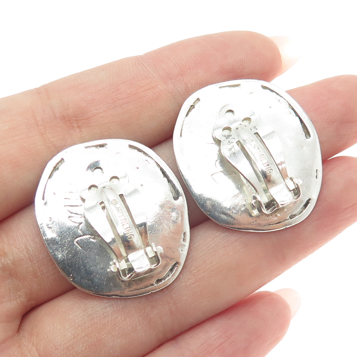 925 Sterling Silver Vintage Modernist Oxidized Clip On Earrings