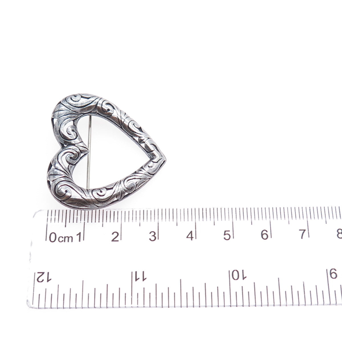 925 Sterling Silver Vintage Ornate Swirl Heart Oxidized Pin Brooch
