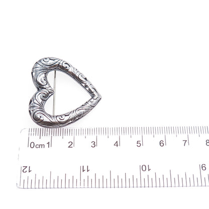 925 Sterling Silver Vintage Ornate Swirl Heart Oxidized Pin Brooch