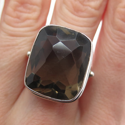 925 Sterling Silver Vintage Real Smoky Quartz Modernist Beaded Ring Size 6.5
